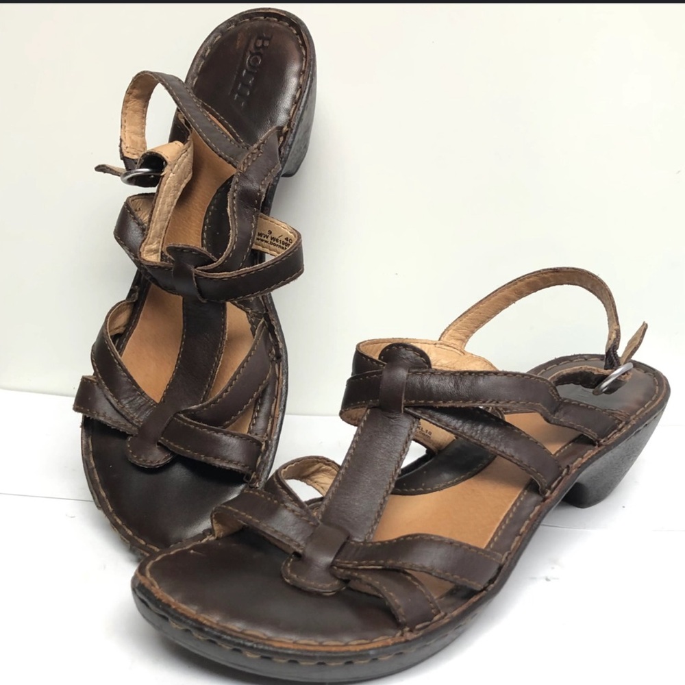 Born Leather Sandals Shoes Low Heel Size 8 Brown Strappy